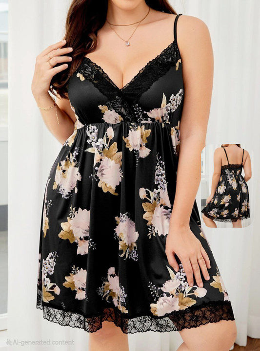 إيزابيلا – فستان بيج سايز زبدة مستوردة بنقشة ورد مع دانتيل