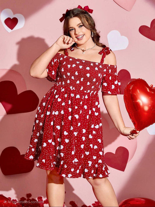 إيزابيلا – فستان كاش بيج سايز قصير بنقشة قلوب قطن ليكرا