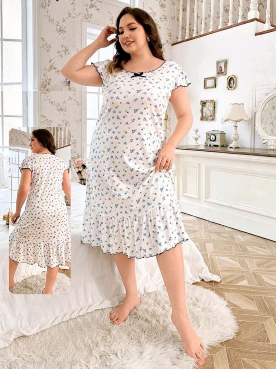 إيزابيلا – كاش نوم قطن بيج سايز بنقشة فلورال أزرق وكشكشة