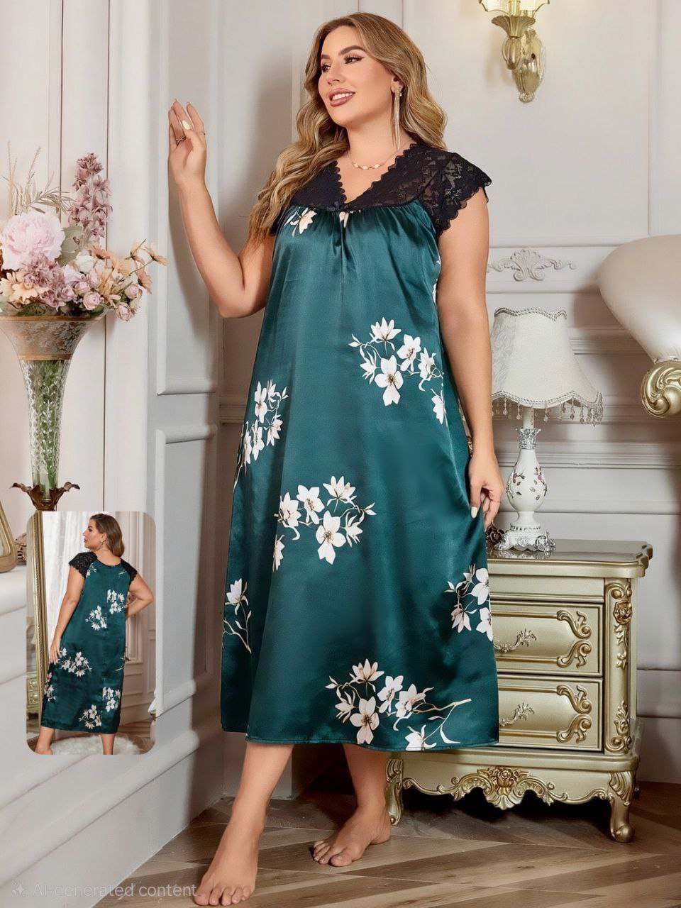 ezabilla - Cash "Zebdeh" Beige Midi Dress Printed with a Lace Collar