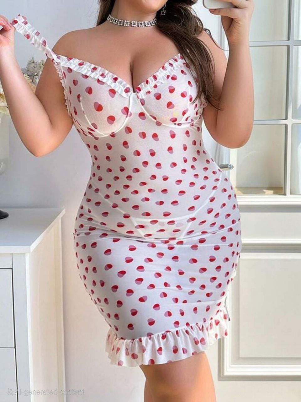 إيزابيلا – لانجيري بوديكون منقّط بحمالات مكشكشة وكب مُدعّم