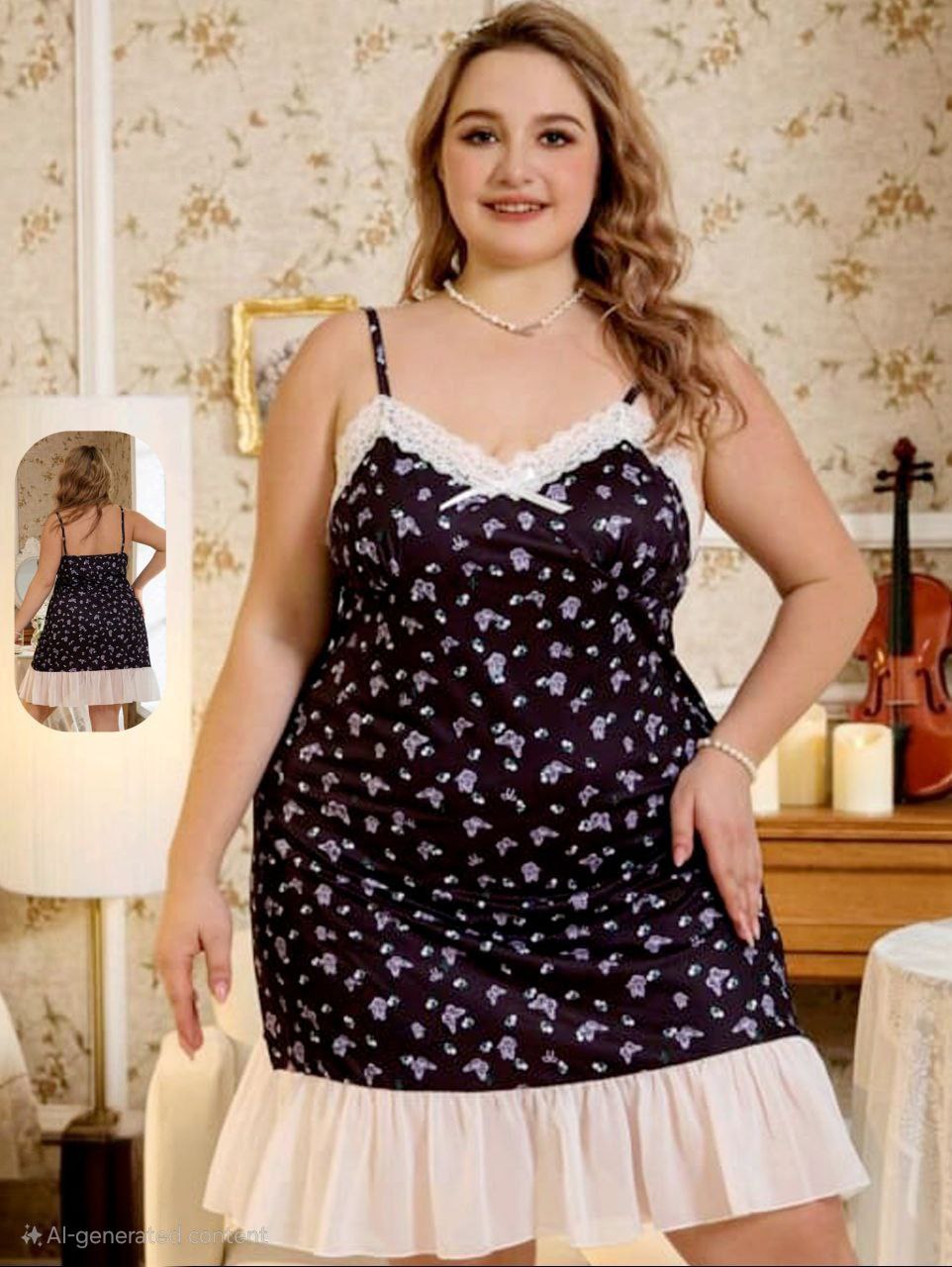 إيزابيلا – لانجيري بيج سايز قصير مطبوع بدانتيل أبيض وخامة زبدة مستوردة