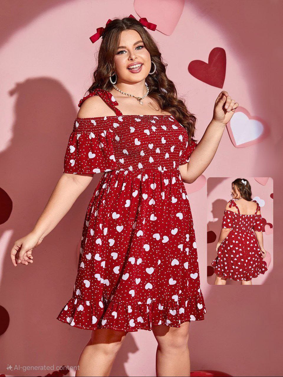 إيزابيلا – فستان كاش بيج سايز قصير بنقشة قلوب قطن ليكرا