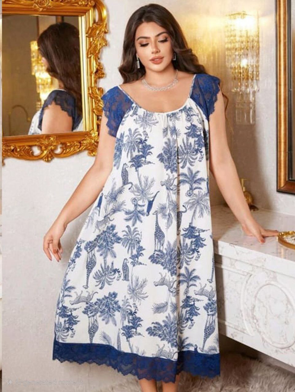 إيزابيلا – كاش بيج سايز قطني بنقشة زهور وأكمام دانتيل 🦋💙