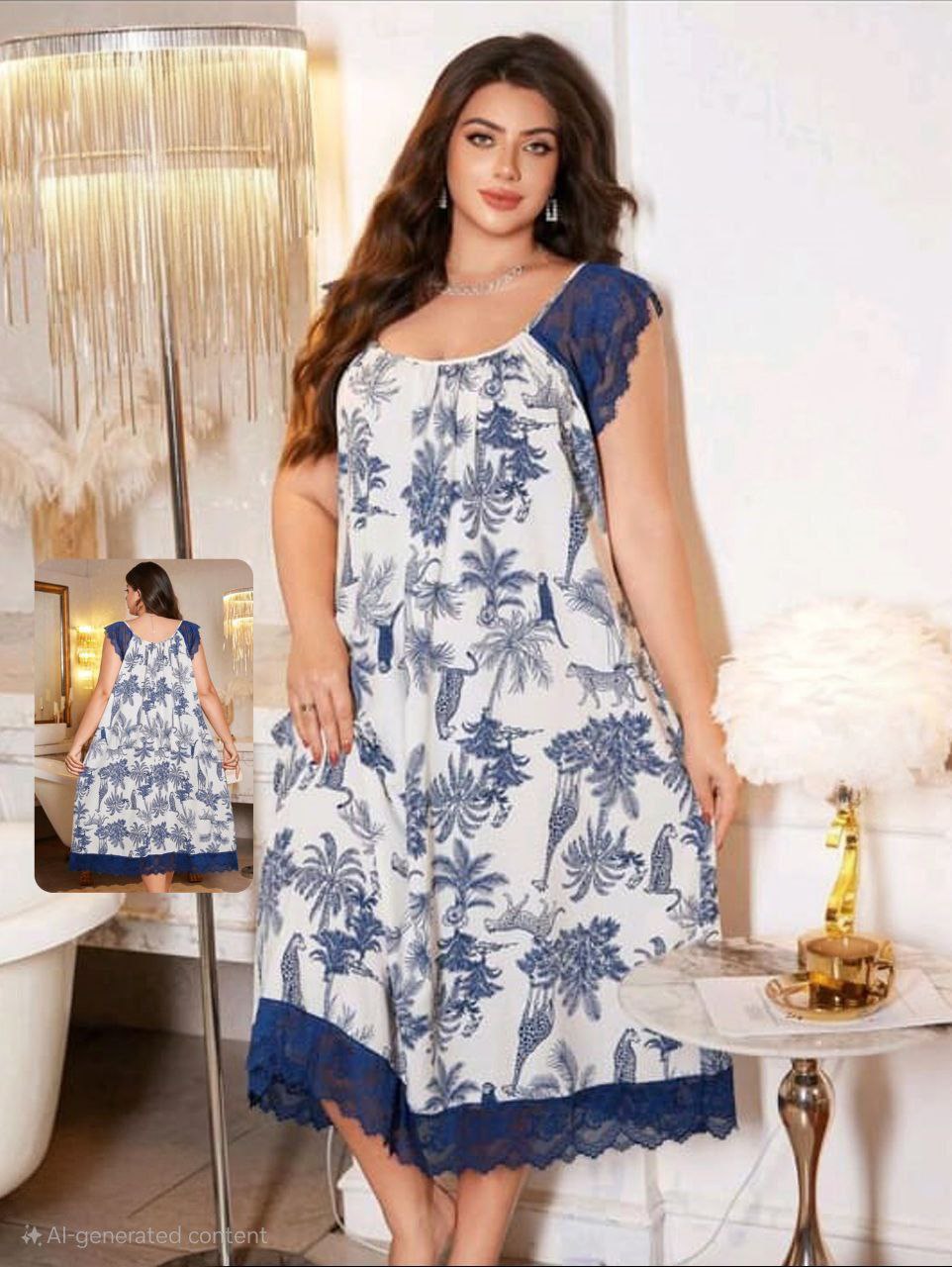 إيزابيلا – كاش بيج سايز قطني بنقشة زهور وأكمام دانتيل 🦋💙