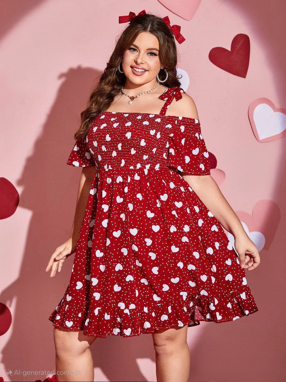 إيزابيلا – فستان كاش بيج سايز قصير بنقشة قلوب قطن ليكرا