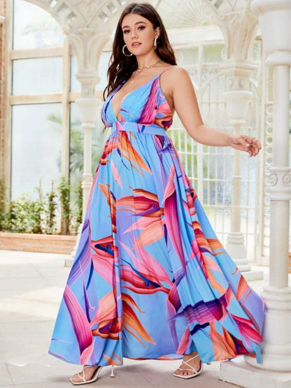 إيزابيلا – فستان ماكسي بيج سايز بحمالات رفيعة ونقشة براش ستروم ألوان