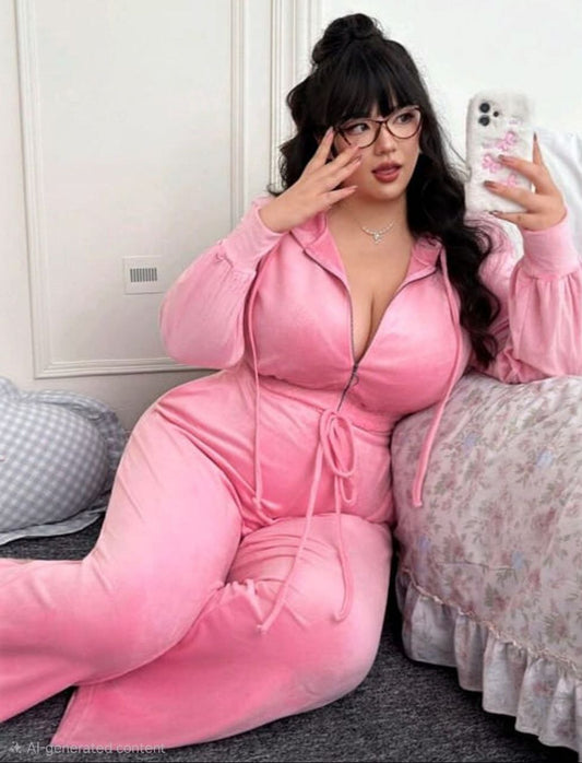 إيزابيلا – بيجامة قطيفة هايدي بيج سايز بينك بسوستة وكابيشو