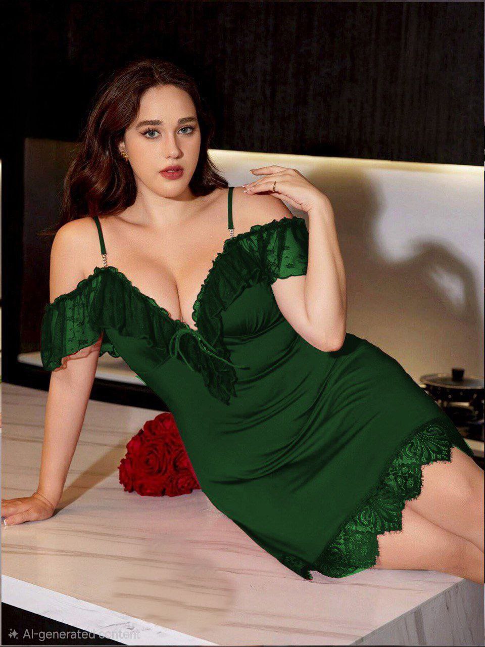 إيزابيلا – لانجيري “زِبده” قصير كتّين مع أوف شولدر وكرانيش 💚✨️