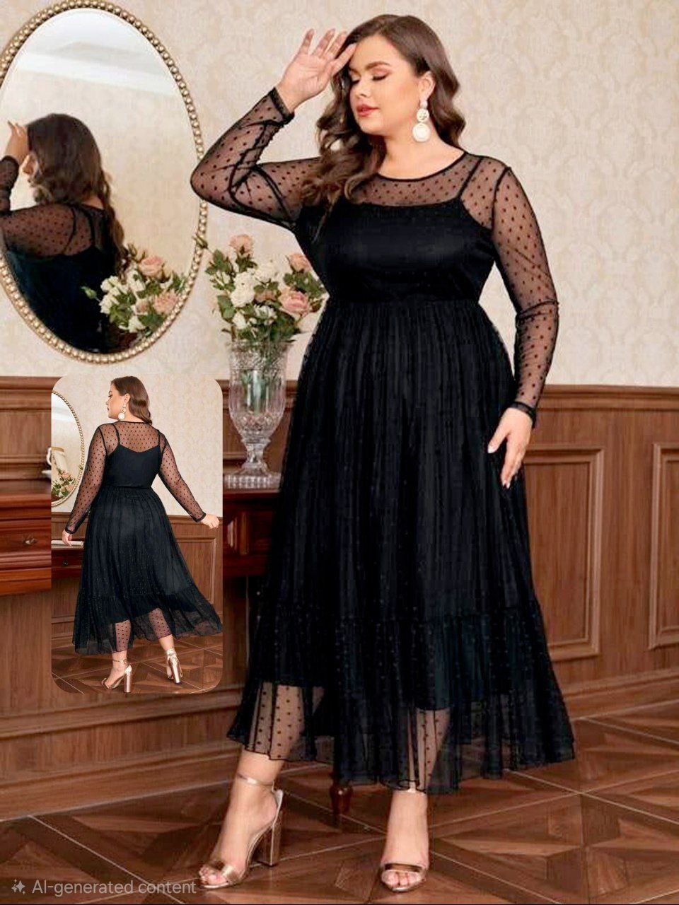 ezabilla - Dotted Tulle Maxi Lingerie Dress with "Zebda" Lined Sheer Sleeves
