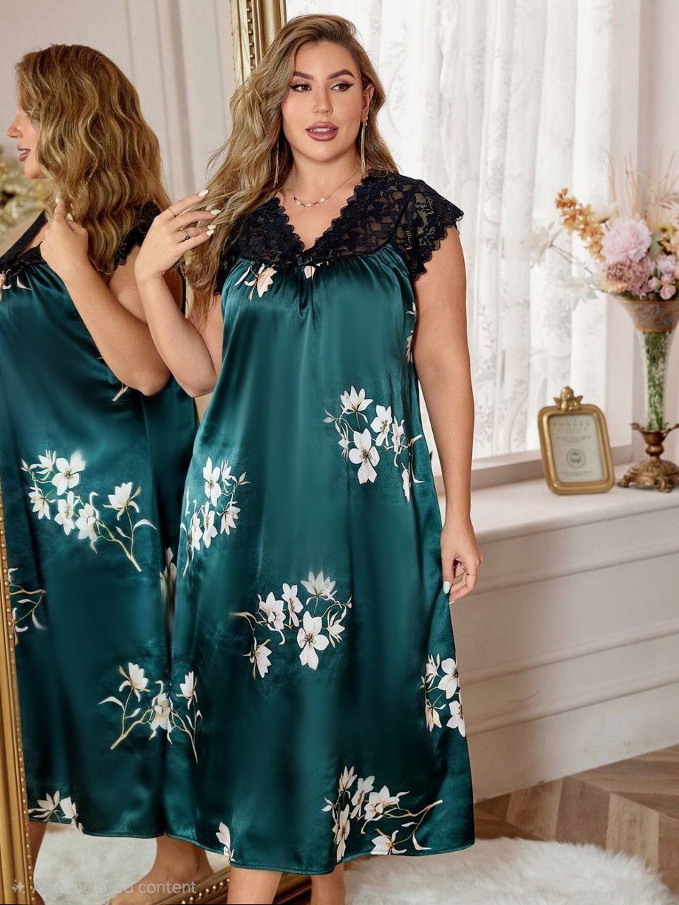إيزابيلا – كاش “زِبده” بيج سايز ميدي مطبوع ورد مع ياقة دانتيل 🌹💕