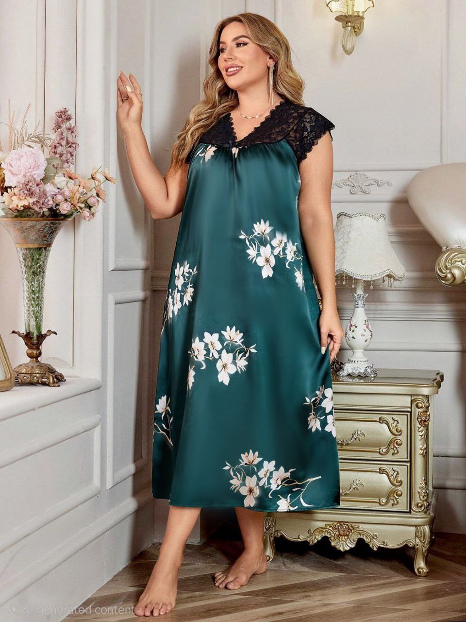 ezabilla - Cash "Zebdeh" Beige Midi Dress Printed with a Lace Collar