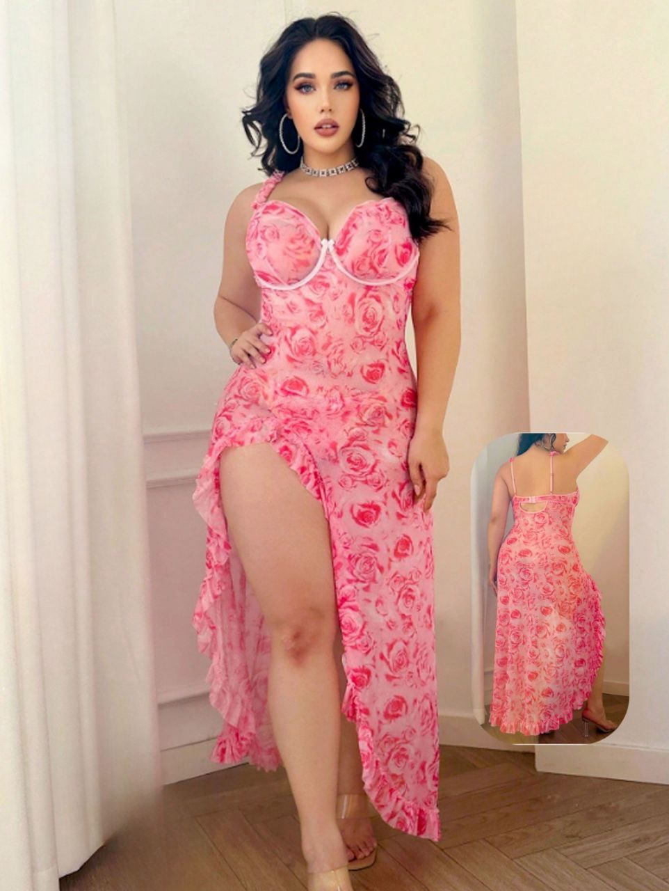 إيزابيلا – لانجيري “زِبده” بيج سايز طويل مشجّر ورود