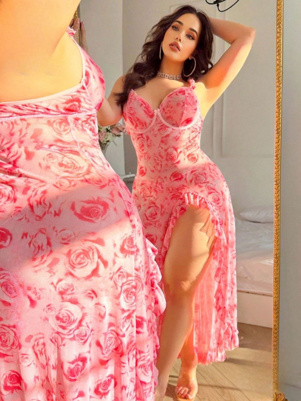 إيزابيلا – لانجيري “زِبده” بيج سايز طويل مشجّر ورود