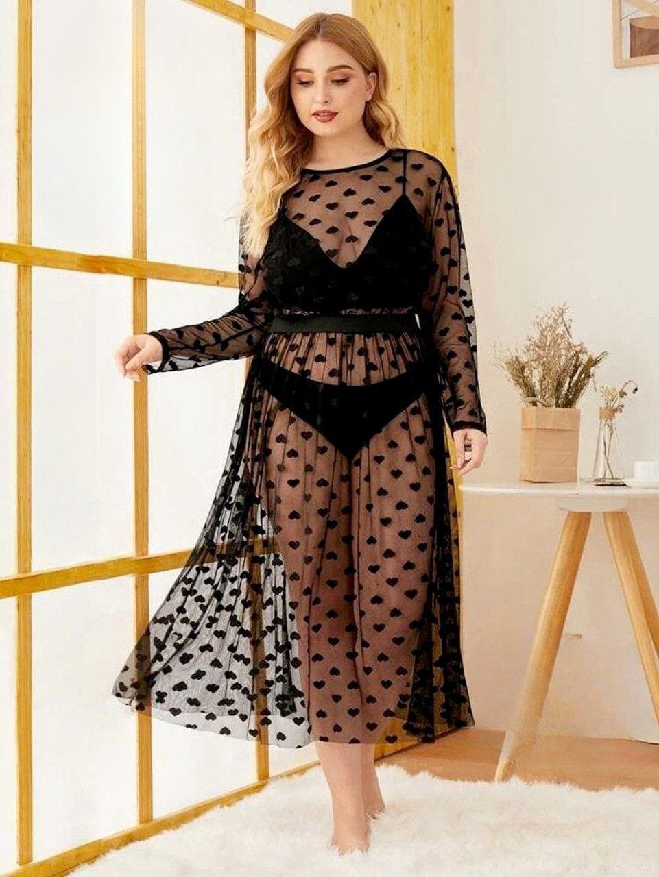 إيزابيلا – لانجيري 3 قطع تل قلوب شفاف بيج سايز