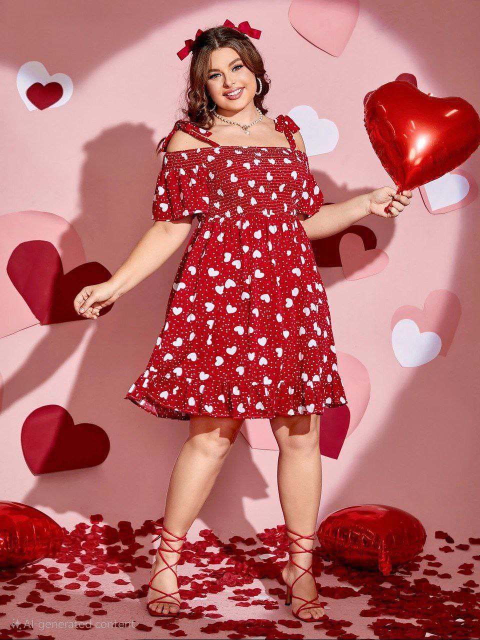 إيزابيلا – فستان كاش بيج سايز قصير بنقشة قلوب قطن ليكرا