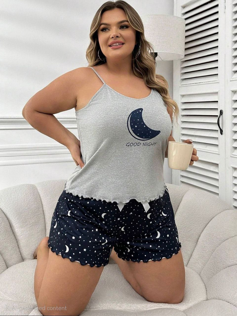 إيزابيلا – بيجامة هوت شورت بيج سايز قطن مطبوع قمر ونجوم