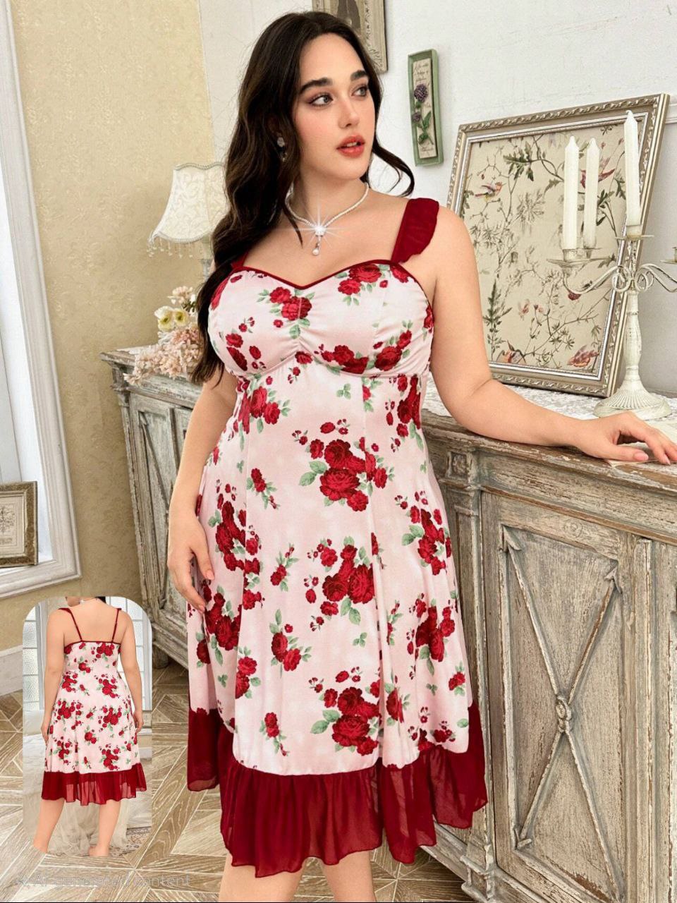 إيزابيلا – لانجيري زبدة ساتان فلوري ميدي بكشكشة وحمالات ثابتة