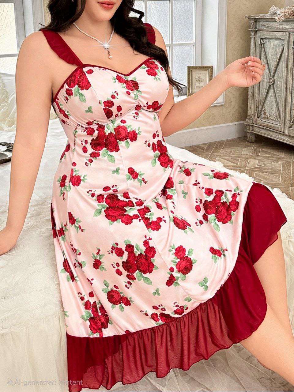 إيزابيلا – لانجيري زبدة ساتان فلوري ميدي بكشكشة وحمالات ثابتة