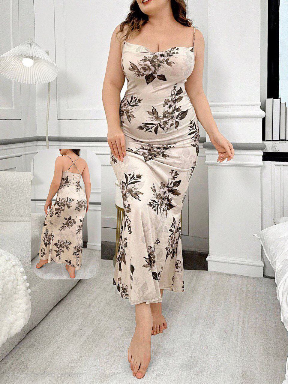 إيزابيلا – فستان لانجيري بيج سايز مطبوع وردي نيود بحمالات رفيعة 🤎✨️