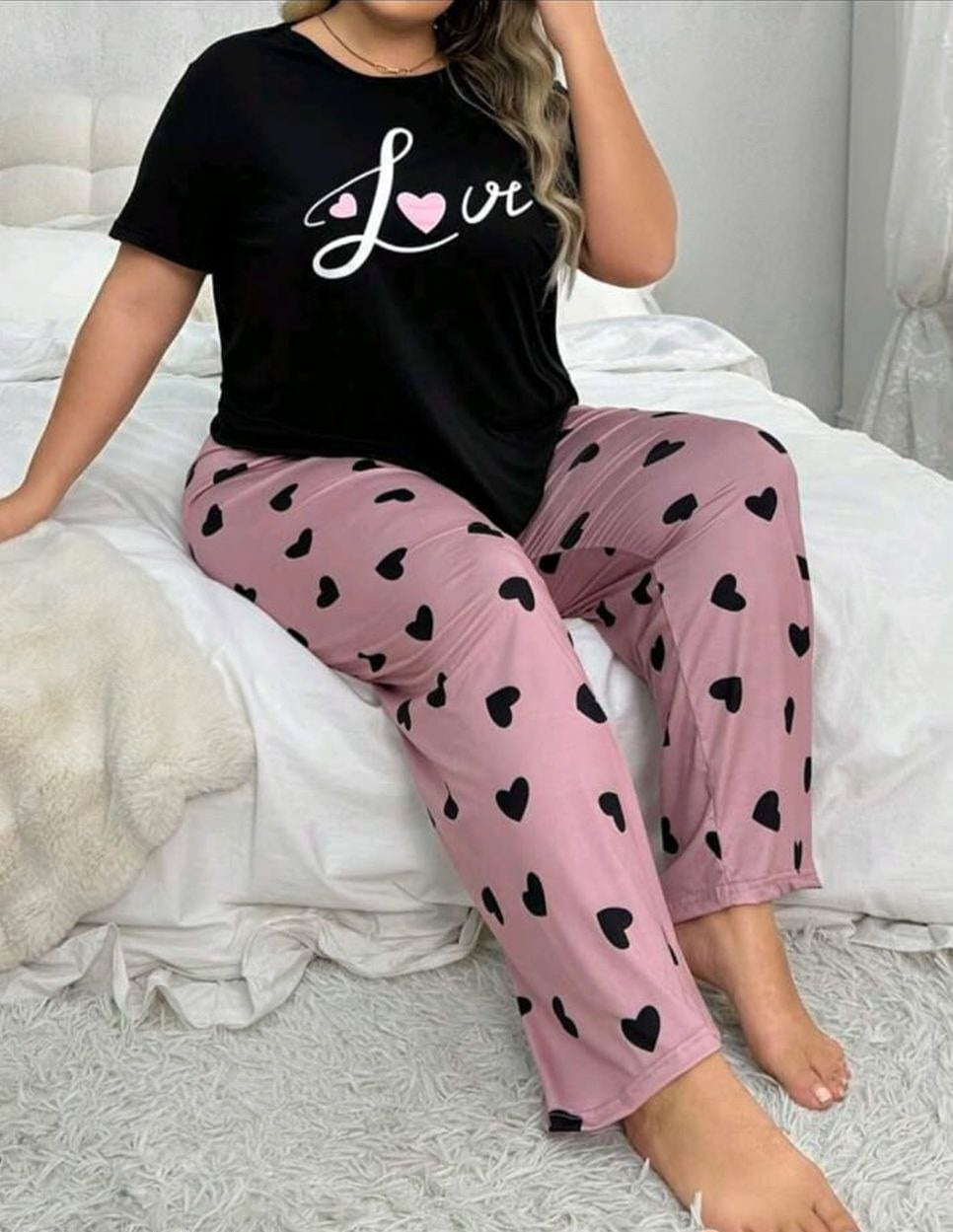 بيجامة Love قلوب بيج سايز أسود × بينك