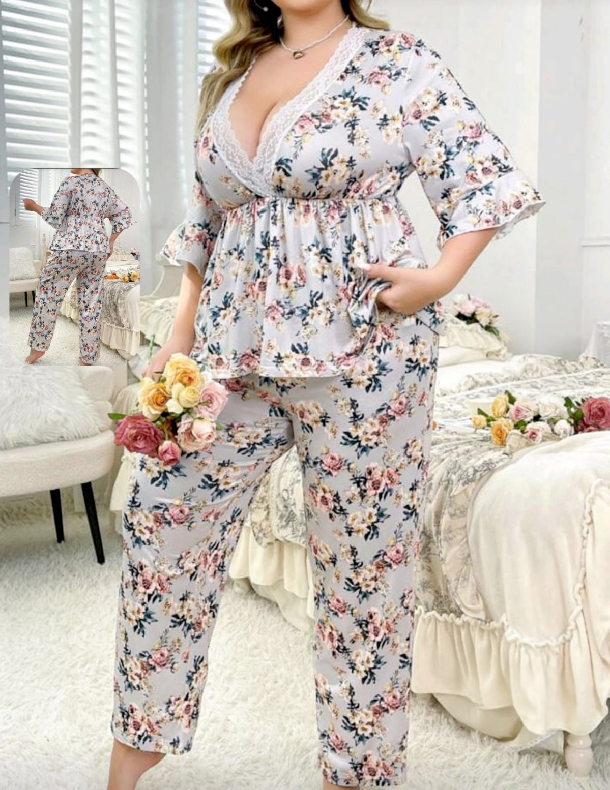 🌸 بيجامة بيج سايز – نعومة وأنوثة بطابع رومانسي 💙