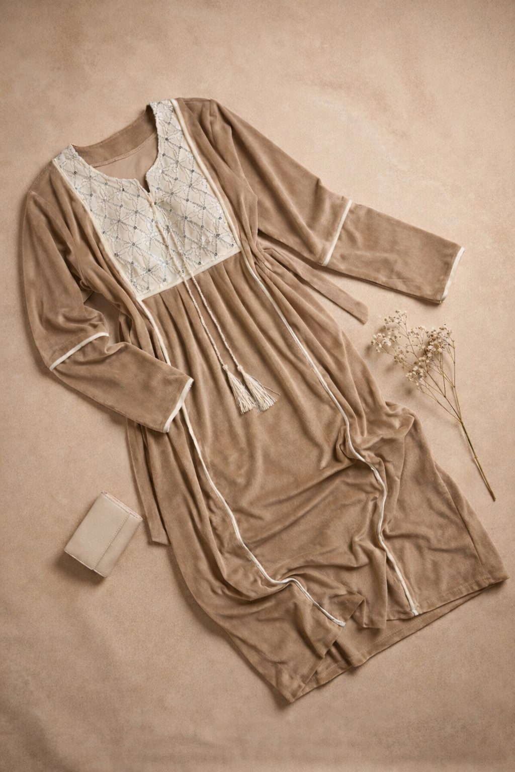 عباية بيتي قطيفة مطرزة أبيض