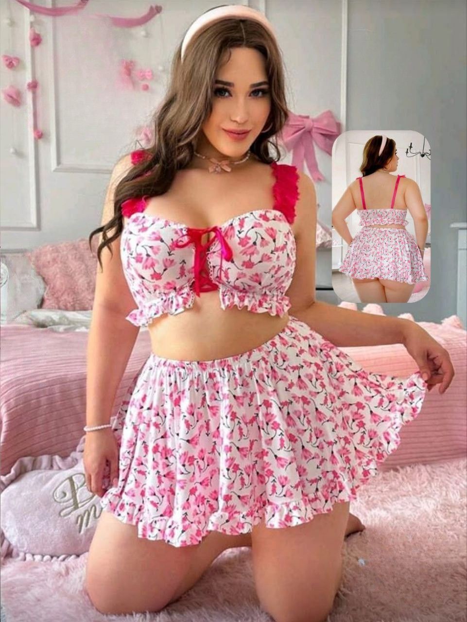 ✨ لانجيري 2 قطعة بطبعة ورد – دلع بنكهة أنثوية مرحة 💕✨️