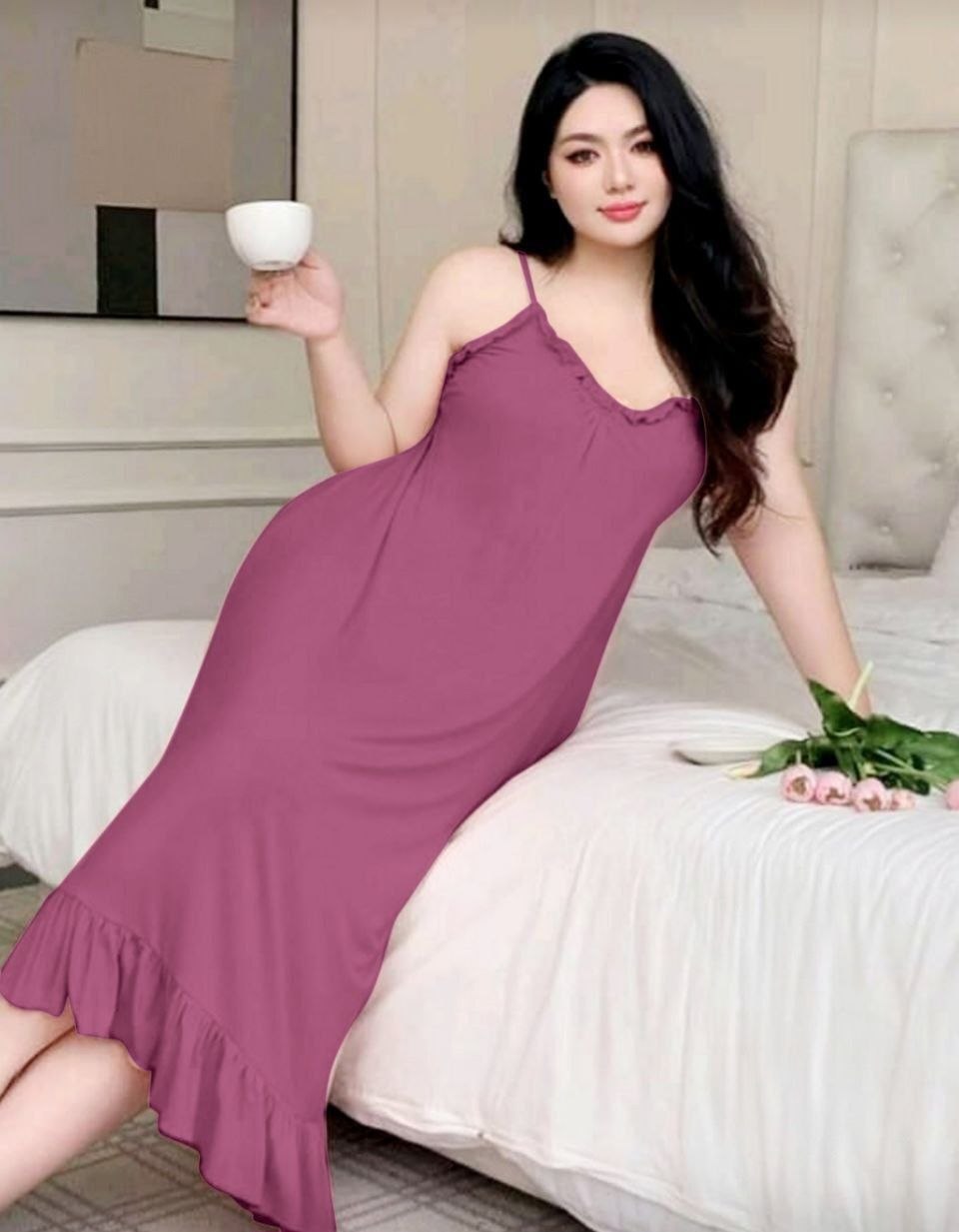 قميص نوم ميدي بكسرات ناعمة💗