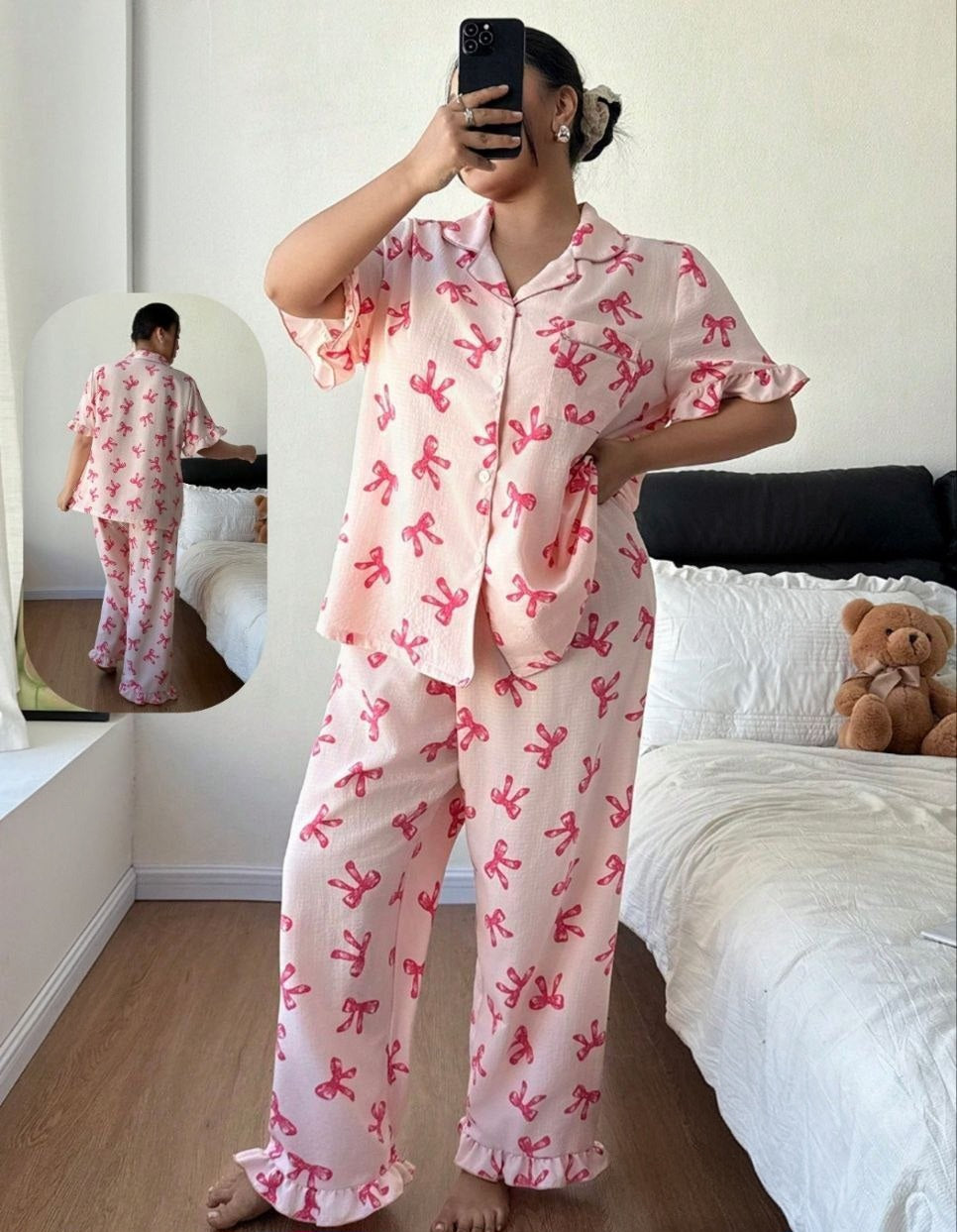 بيجامة بيج سايز... بطبعة فيونكات رقيقة تخلي إطلالتك كلها نعومة ودلع ✨🎀