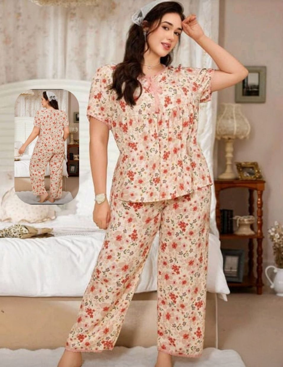 🌸 بيجامة بيج سايز – راحة وأنوثة بطابع رقيق 🌷
