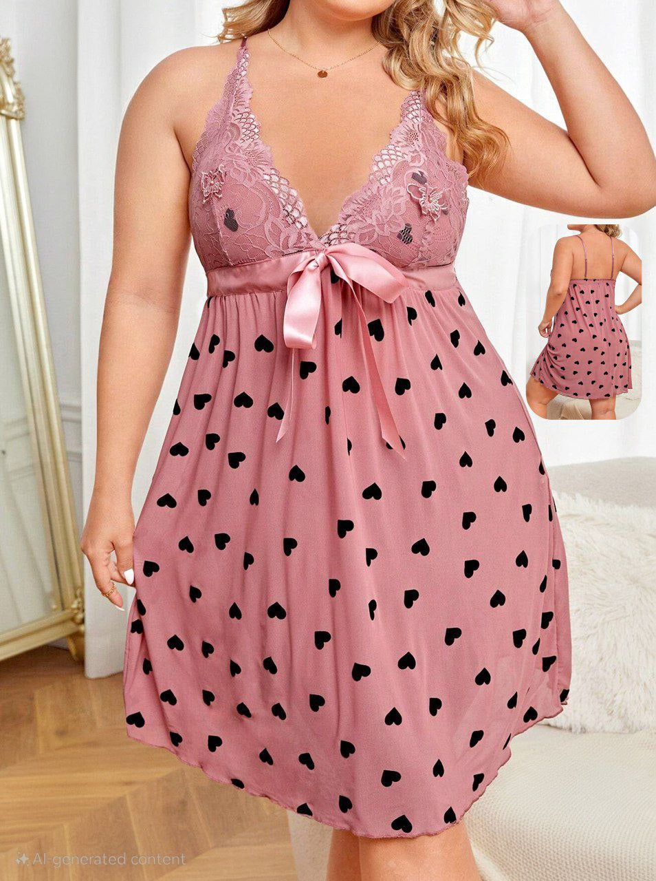 لانجيري بيج سايز زبدة مستوردة وردي بقلوب سوداء ودانتيل 🩷