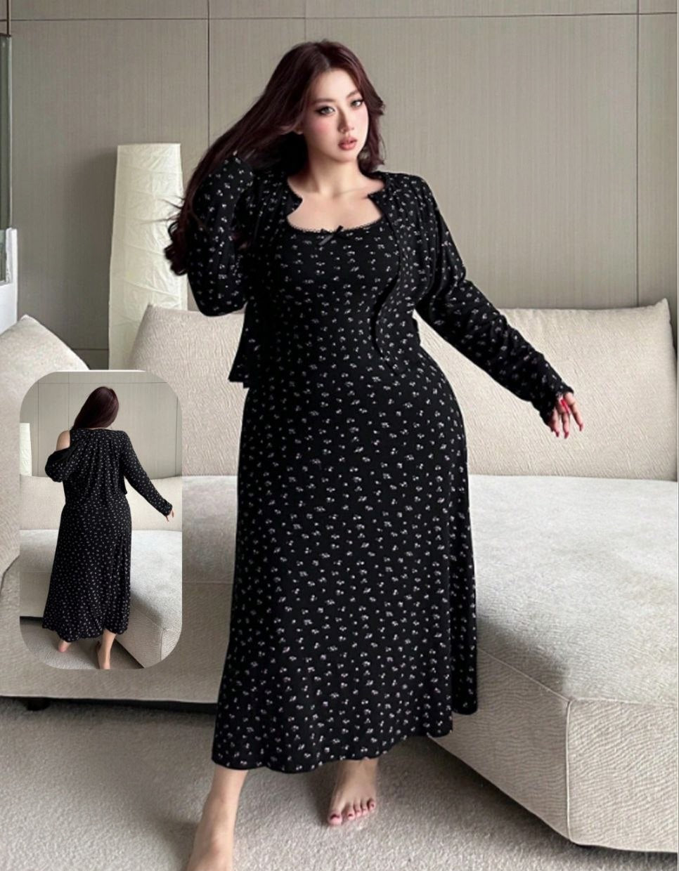 قميص نوم بيج سايز مع جاكيت – فخامة وأناقة بلمسة راقية جدًا ✨🖤