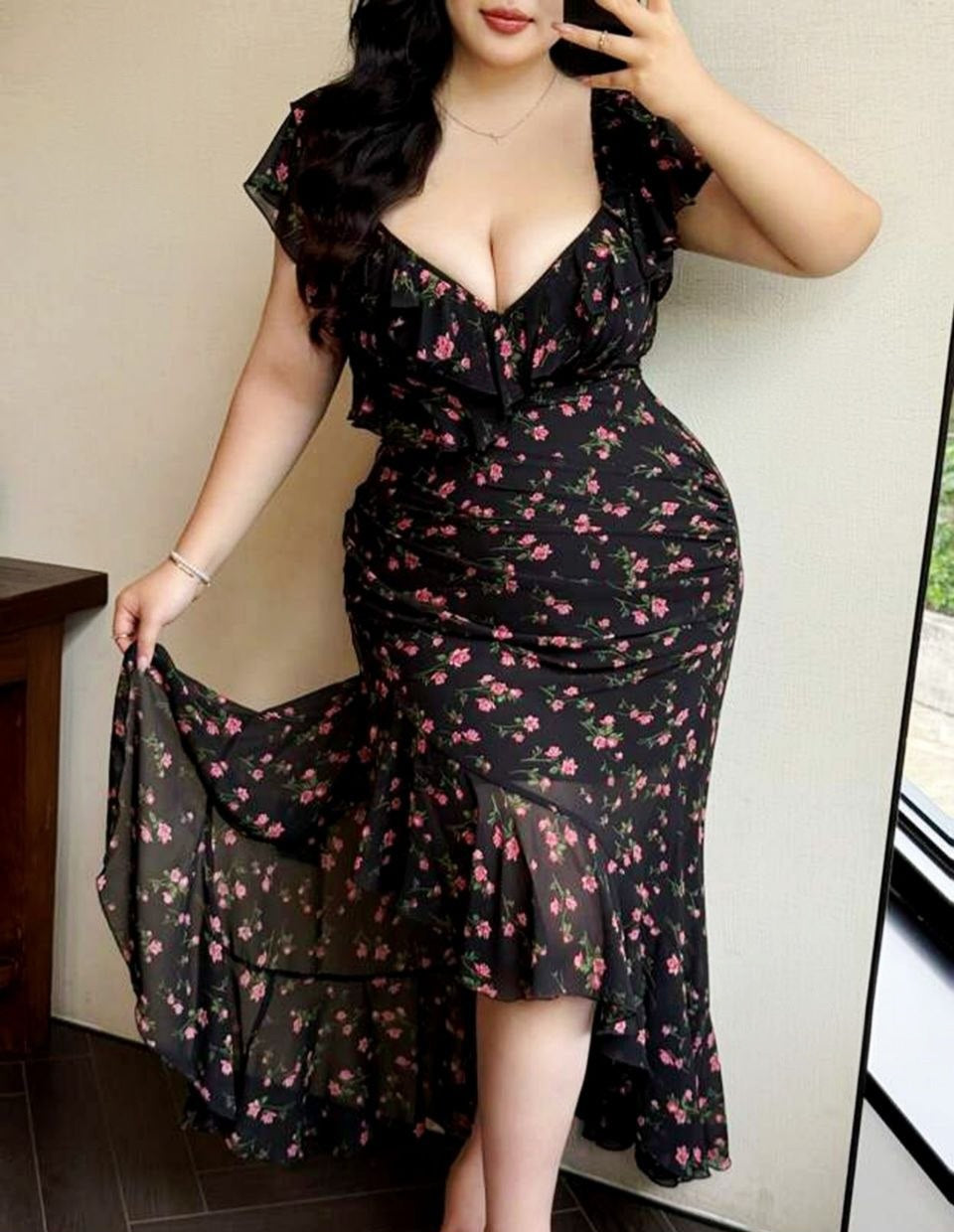 فستان طويل بطبعة ورد داكنة – أنوثة جريئة بإحساس رومانسي 🌹🖤