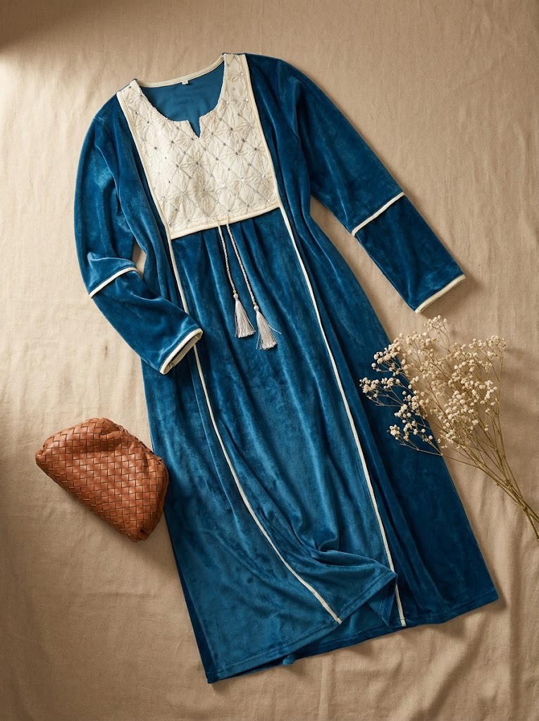 عباية بيتي قطيفة مطرزة أبيض مكتب تبارك