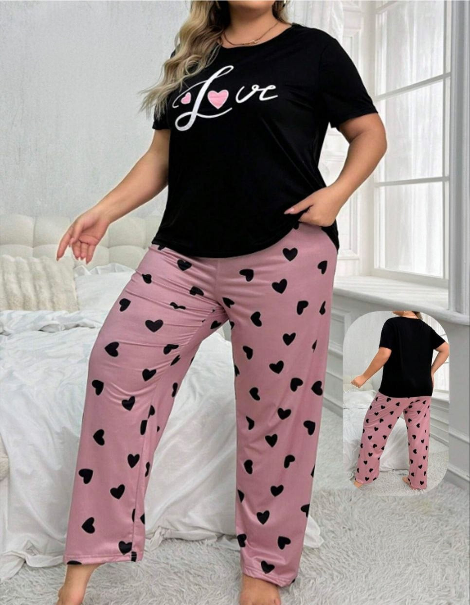 بيجامة Love قلوب بيج سايز أسود × بينك