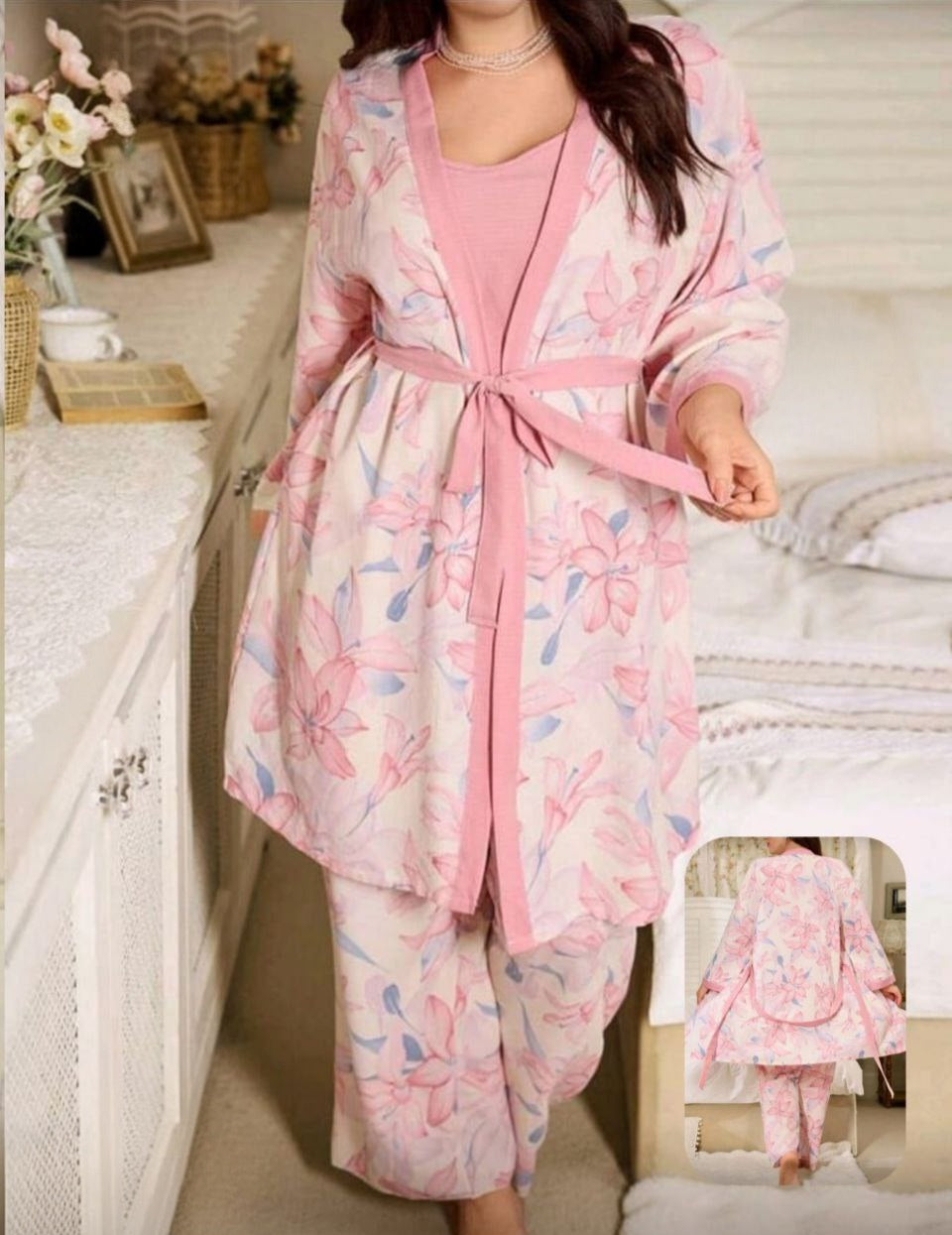 بيجامة بيج سايز 3 قطع – دلع وراحة وأناقة 🩷🌸