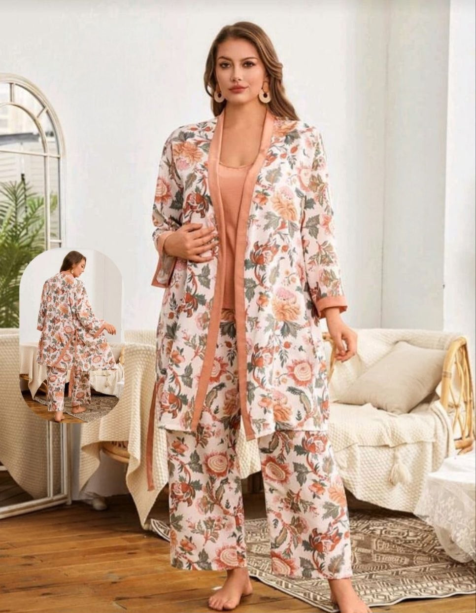 بيجامة 3 قطع بيج سايز – أنوثة وراحة في كل تفصيلة 🤭🧡