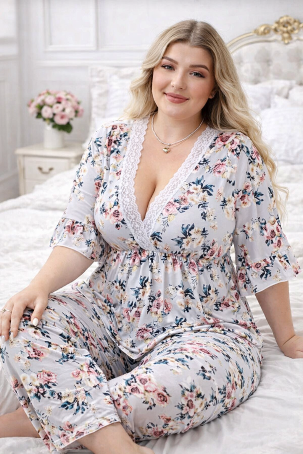 🌸 بيجامة بيج سايز – نعومة وأنوثة بطابع رومانسي 💙